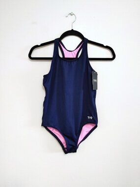 TYR Girls Onepiece Swimsuit Navy Blue Solid Maxfit Size L (10/12)